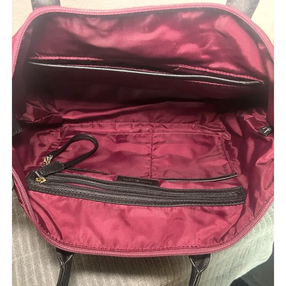 Michael Kors Kelsey Medium Nylon Tote Burgundy Gold Travel Shoulder Bag